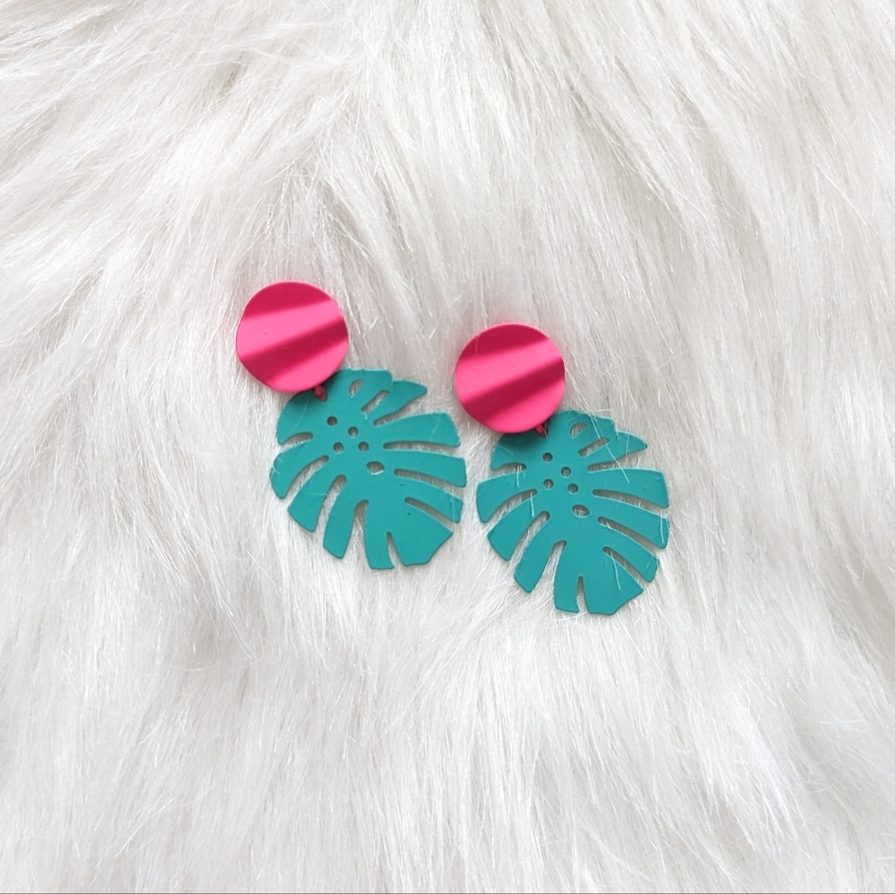 Seafoam green and hot pink monstera tropical leaf earrings